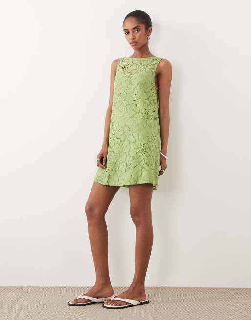 ASOS DESIGN - Rechtvallende mini-jurk met kant in groen, 2 van 4