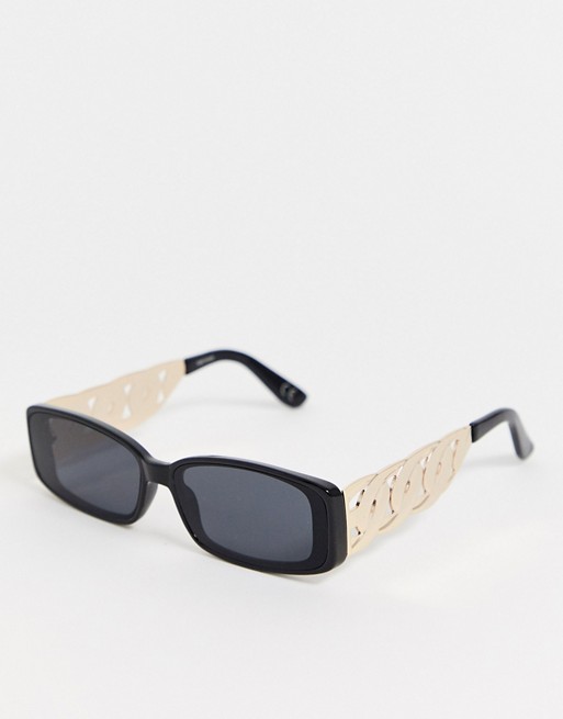 ASOS DESIGN rectangle sunglasses in black plastic with gold chain arm detail
