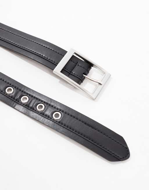 ASOS DESIGN rectangle buckle belt with stitching detail in black faux leather, 2 of 4