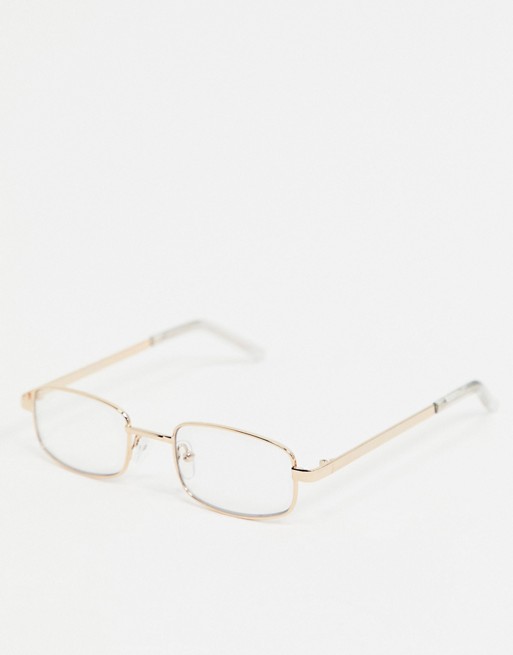 ASOS DESIGN rectangle glasses in gold with clear lens