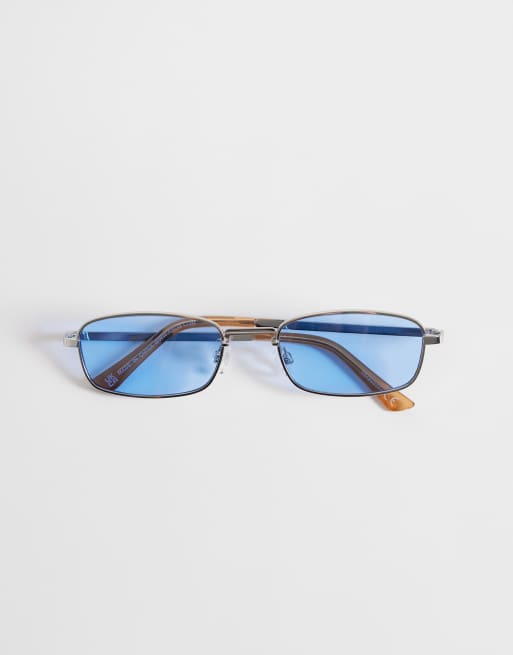 ASOS DESIGN rectangle metal light tint sunglasses in silver frame with blue lens, 3 of 3