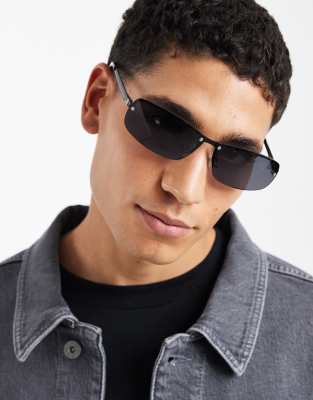 ASOS DESIGN ASOS DESIGN rectangle metal sunglasses in black with smoke lens