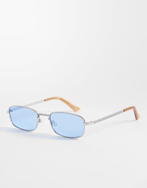ASOS DESIGN rectangle metal sunglasses in silver frame with blue lens - view 1