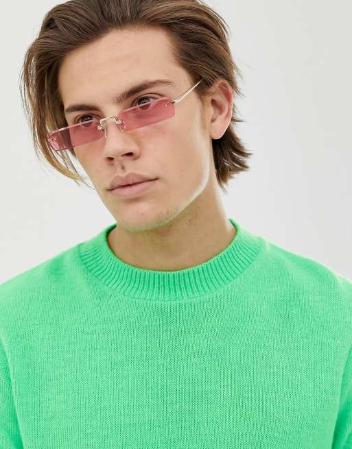 ASOS DESIGN rectangle rimless fashion spectacle with gold frame and pink tint lenses