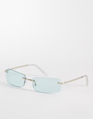 ASOS DESIGN rectangle rimless sunglasses in silver metal with green ...