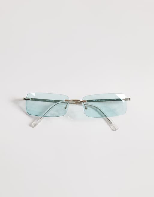 ASOS DESIGN rectangle rimless sunglasses in silver metal with green lens, 3 of 3