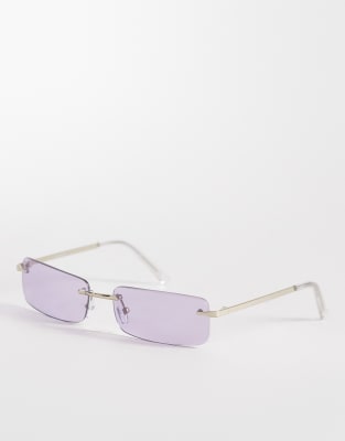 ASOS DESIGN ASOS DESIGN rectangle rimless sunglasses in silver metal with purple lens