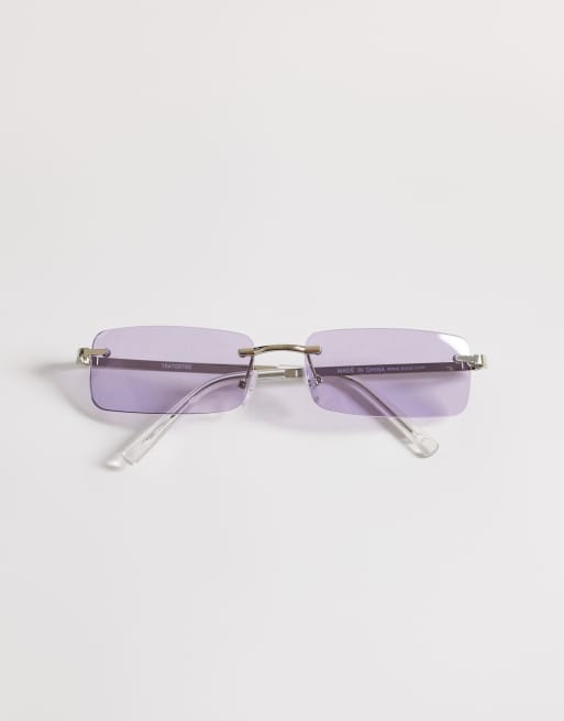 ASOS DESIGN rectangle rimless sunglasses in silver metal with purple lens, 3 of 3