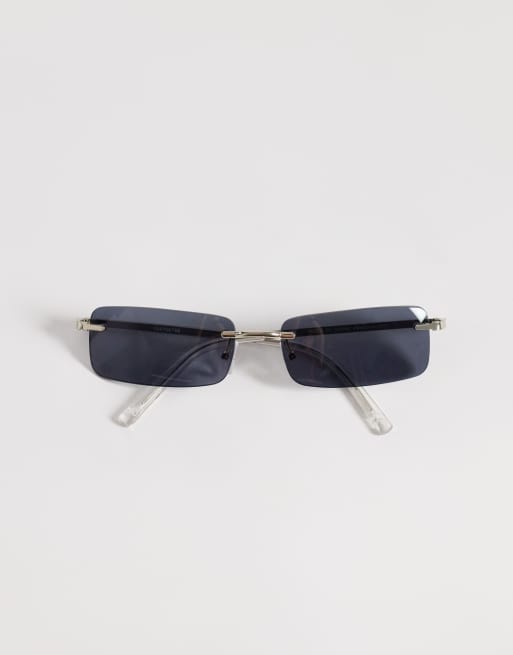 ASOS DESIGN rectangle rimless sunglasses in silver metal with smoke lens, 3 of 3