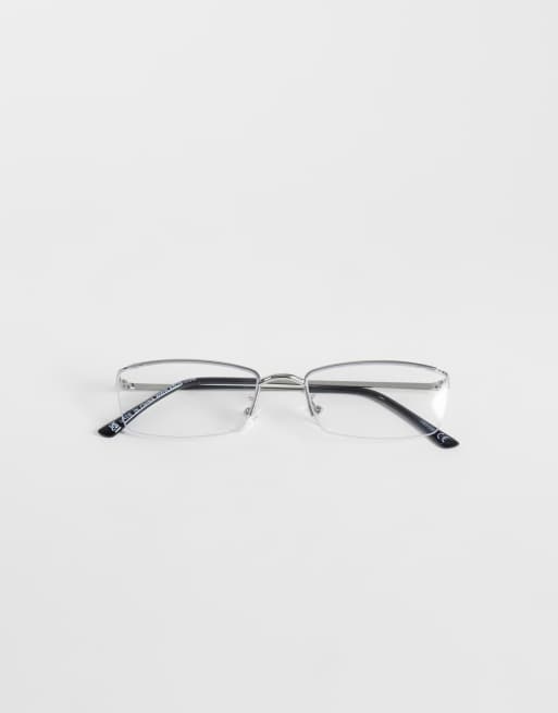 ASOS DESIGN rectangle rimless sunglasses in silver with clear blue lens, 2 of 3