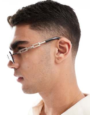 Asos Design Rectangle Rimless Sunglasses With Brown Lens And Gold Temples In Gold