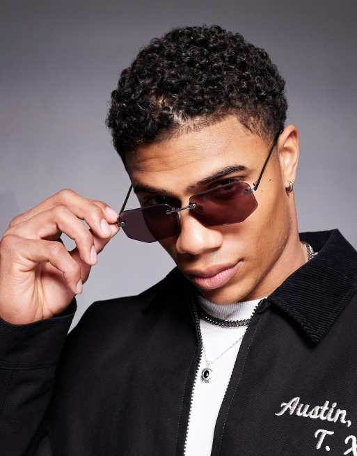 ASOS DESIGN rectangle rimless sunglasses with burgundy lenses and matte silver temples