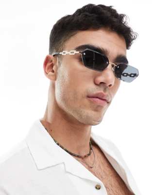 Asos Design Rectangle Rimless Sunglasses With Smoke Lens And Gold Temples In Gold