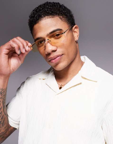 ASOS DESIGN rectangle rimless sunglasses with yellow lens and gold temples - view 1