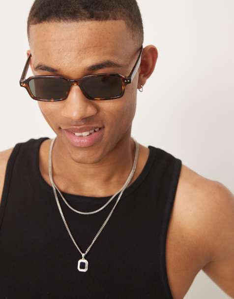ASOS DESIGN rectangle slim sunglasses with green smoke lens and tortoiseshell frame - view 1