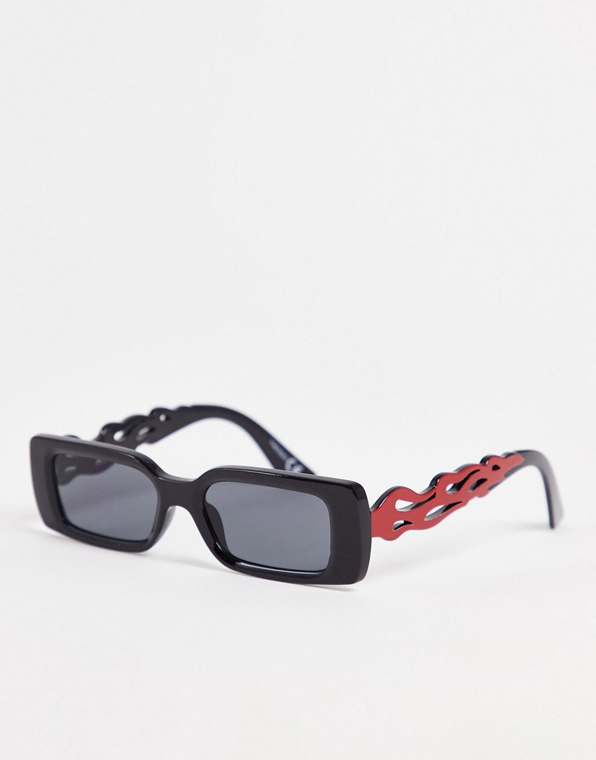 ASOS DESIGN rectangle sunglasses in black with flame arm detail
