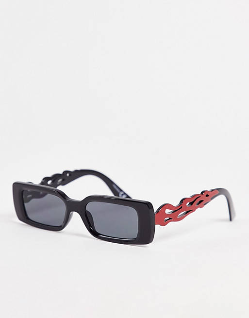 asos.com | ASOS DESIGN rectangle sunglasses in black with flame arm detail