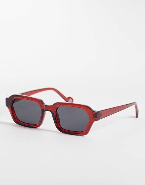 ASOS DESIGN rectangle sunglasses in burgundy frame with smoke lens - view 1