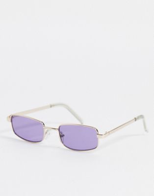 ASOS DESIGN rectangle sunglasses in gold with purple lens