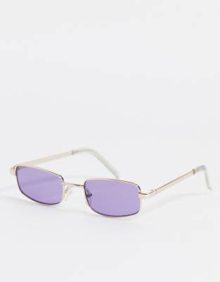 Asos Design Rectangle Sunglasses In Gold With Purple Lens