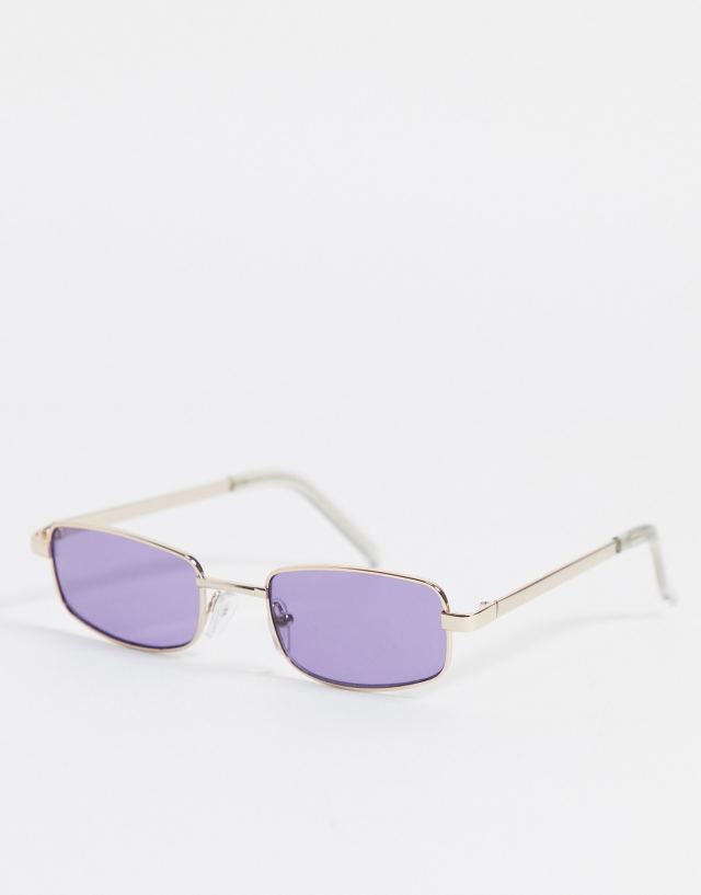 ASOS DESIGN - rectangle sunglasses in gold with purple lens