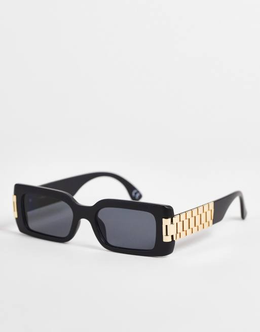 Asos Design Rectangle Sunglasses In Matte Black With Chain Detail And Black Lens Asos 