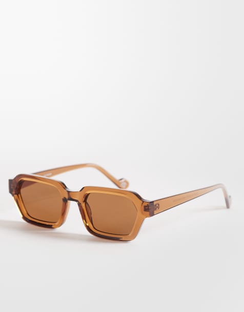ASOS DESIGN rectangle sunglasses in neutral crystal frame with brown lens - view 1