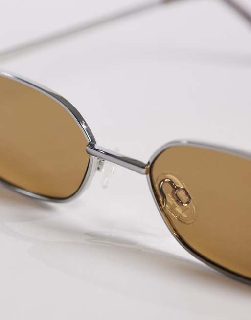 ASOS DESIGN rectangle sunglasses in silver metal with olive lens, 2 of 3