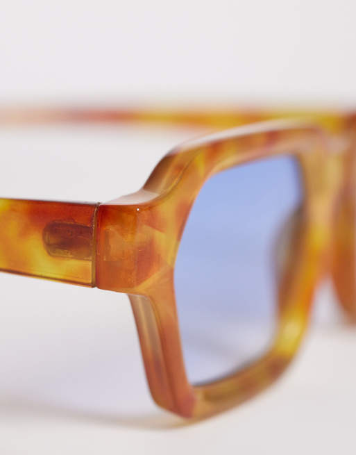 ASOS DESIGN rectangle sunglasses in tortoise frame with blue lens, 2 of 3