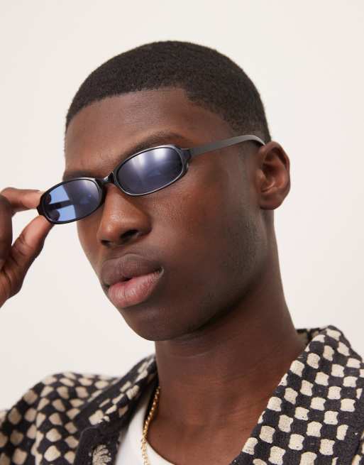 ASOS DESIGN rectangle sunglasses with black frame and blue lens