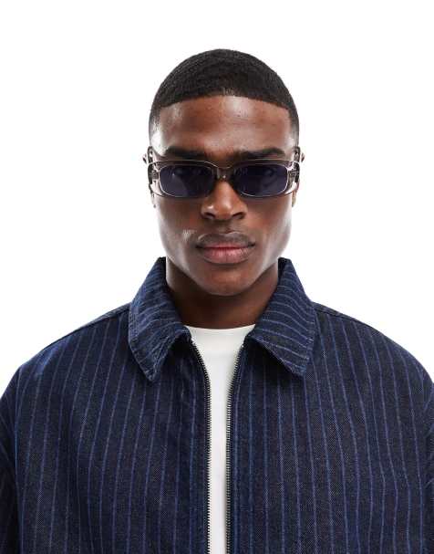 ASOS DESIGN rectangle sunglasses with blue lends and grey frame - view 1