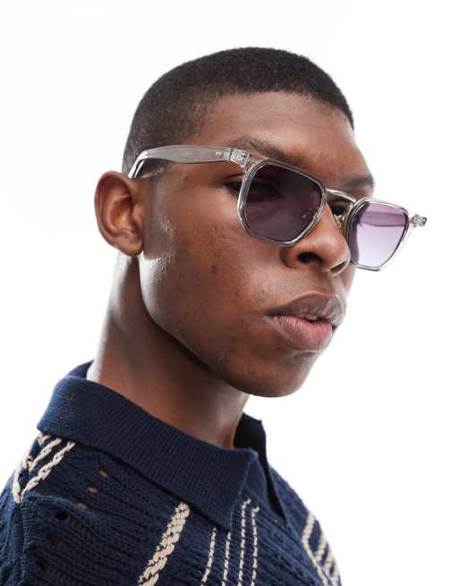 ASOS DESIGN rectangle sunglasses with gray crystal frame and purple to blue ombre lens