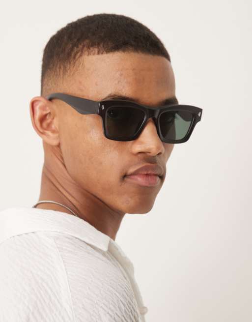 ASOS DESIGN rectangle sunglasses with matte gray crystal frame and green smoke lens