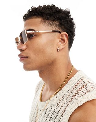Asos Design Rectangle Sunglasses With Temple Detail In Gold In Metallic