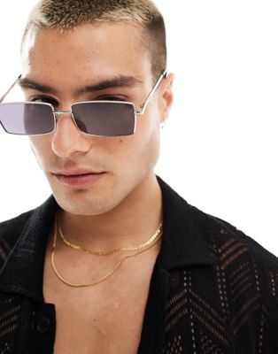 Asos Design Rectangle Sunglasses With Temple Detail In Silver In Metallic
