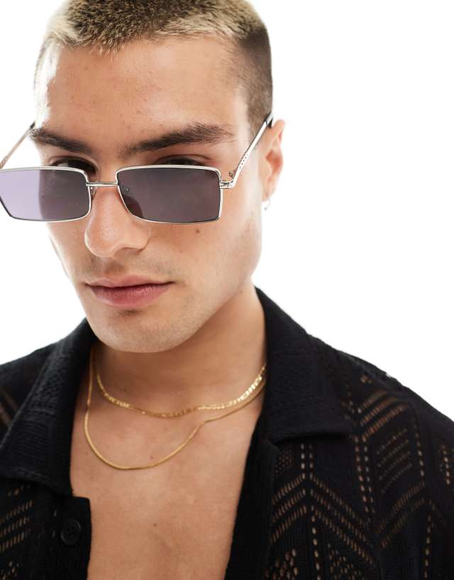 ASOS DESIGN - rectangle sunglasses with temple detail in silver