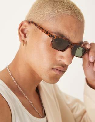 Asos Design Rectangle Sunglasses With Tortoiseshell Frame And Green Smoke Lens-brown