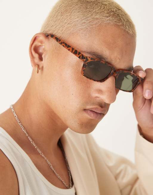 ASOS DESIGN rectangle sunglasses with tortoiseshell frame and green smoke lens