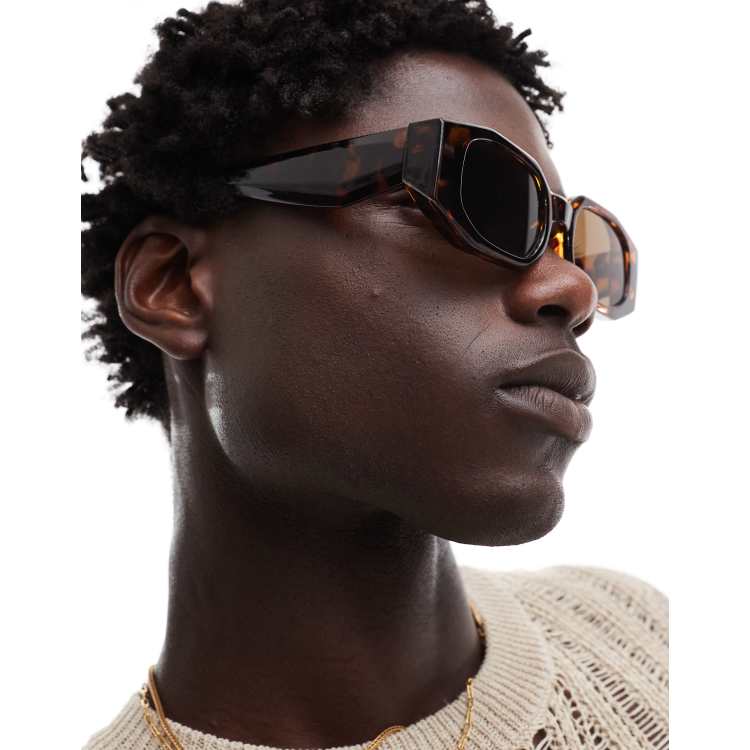  Glossy Dark Brown Sunglasses ASOS DESIGN chunky beveled square sunglasses in shiny brown  main image 3