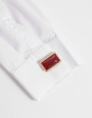 Asos Design Rectangular Cufflinks With Burgundy Stone-setting In Gold