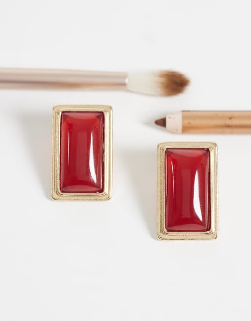 ASOS DESIGN rectangular stud earrings with burgundy stone-settings in gold tone, 2 of 4