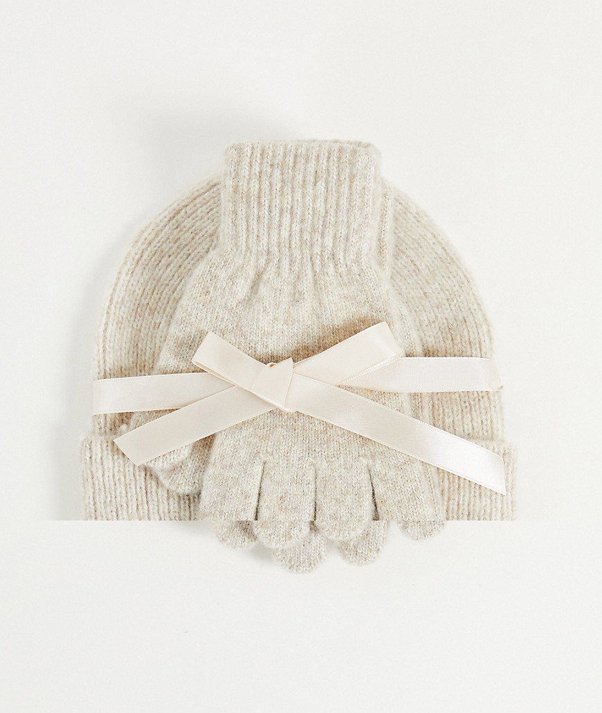 ASOS DESIGN recycled blend beanie and glove gift set in oatmeal-Neutral