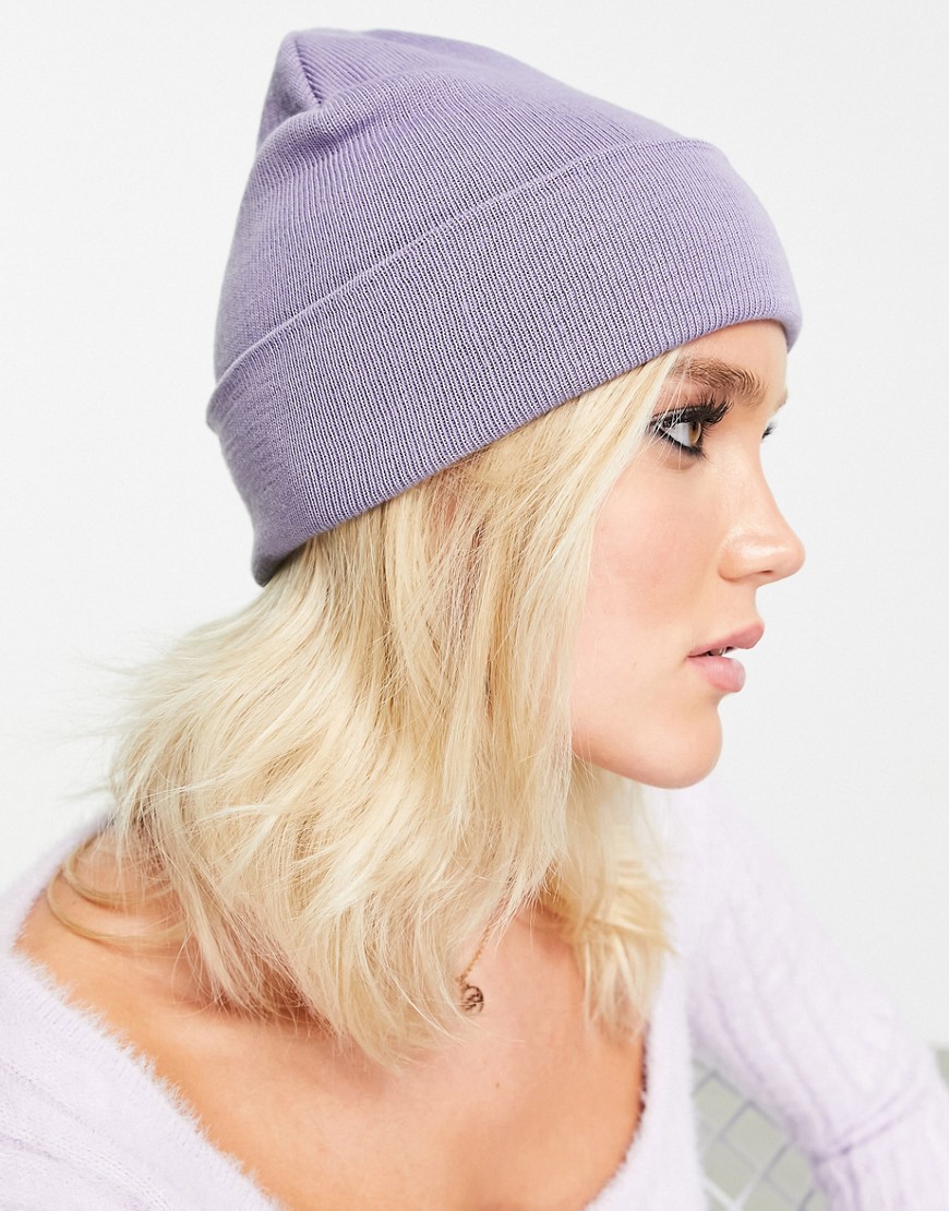 ASOS DESIGN recycled blend deep turn up beanie hat in lilac-Purple