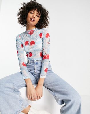 ASOS DESIGN recycled blend fitted mesh top in wavy cherry print