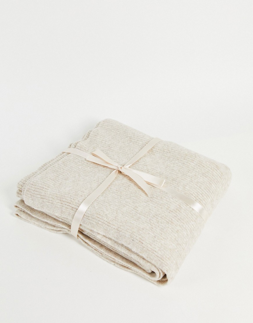 ASOS DESIGN recycled blend knitted blanket in oatmeal-Neutral
