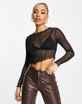 Asos Design Long Sleeve Mesh Top With Seam Detail In Black - Black