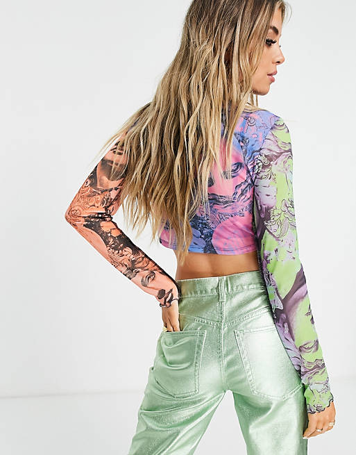 Women recycled blend mesh top with scarf hem in hyper renaissance print 