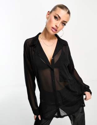 Asos Design Oversized Mesh Shirt In Black - Black In Black