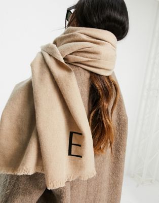 ASOS DESIGN recycled blend personalised scarf with E initial in stone