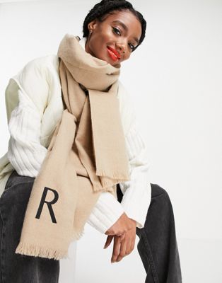 ASOS DESIGN recycled blend personalised scarf with R initial in stone